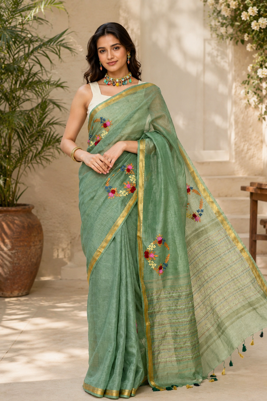 Hand Embroidery Pure Linen Silk Saree With Gold Zari Border - Deep Leaf Green
