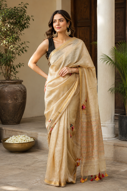 Hand Embroidery Pure Linen Silk Saree With Gold Zari Border - Beige Nude Shade