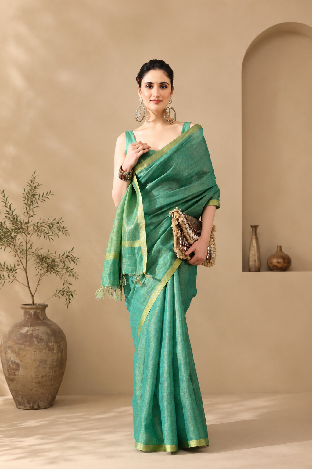 Fresh Green & Soft Gold Tissue Linen Saree