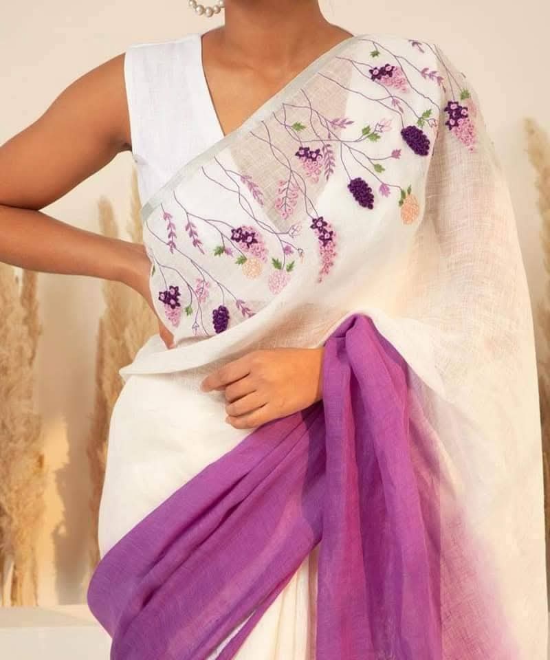 Hand Embroidery Pure Linen Saree With Tissue Border - Purple and White Ombre