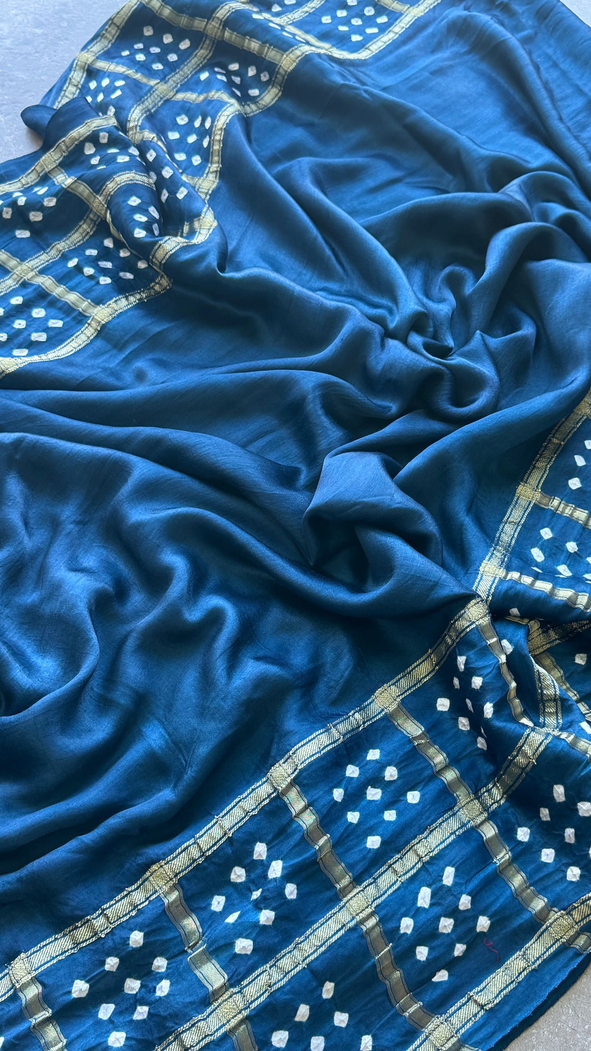 Tie & Dye Handknotted Gharchola Bandhej Pure Gajji Silk Saree - Peacock Blue