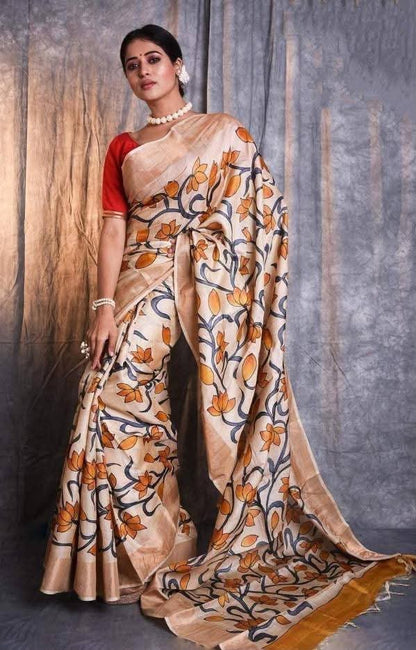 Pure Tussar Silk Saree in Ivory with Hand Painted Pichwai Lotus Art | Silk Mark Certified