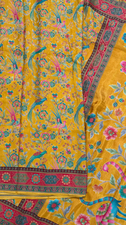 Kashmiri Pashmina Kani Silk Saree – Yellow with Red Brocade Contrast Blouse
