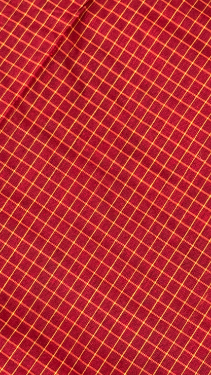 Pure Hand-Woven Checkered Cotton Silk Saree with Gap Border-Red