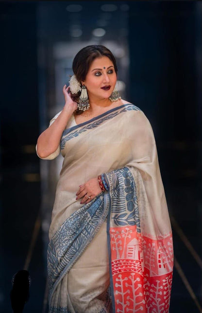 Pure Mulberry Silk Saree in Half White with Handmade Block Print | Silk Mark Certified