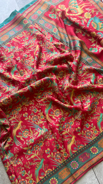 Kashmiri Pashmina Kani Silk Saree – Red with Teal Contrast Blouse