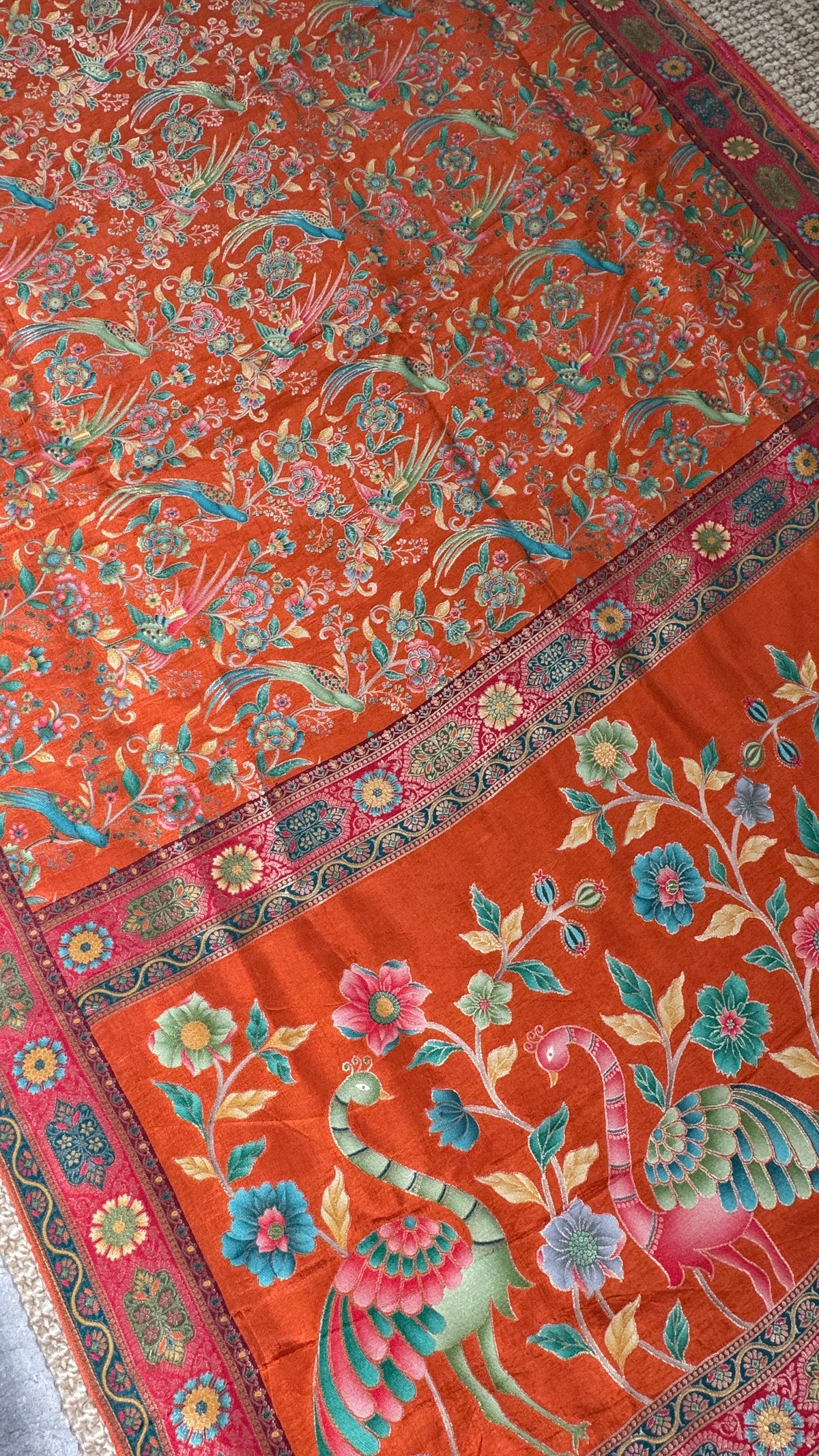 Kashmiri Pashmina Kani Silk Saree – Orange with Red Brocade Contrast Blouse