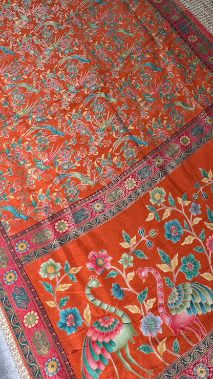 Kashmiri Pashmina Kani Silk Saree – Orange with Red Brocade Contrast Blouse
