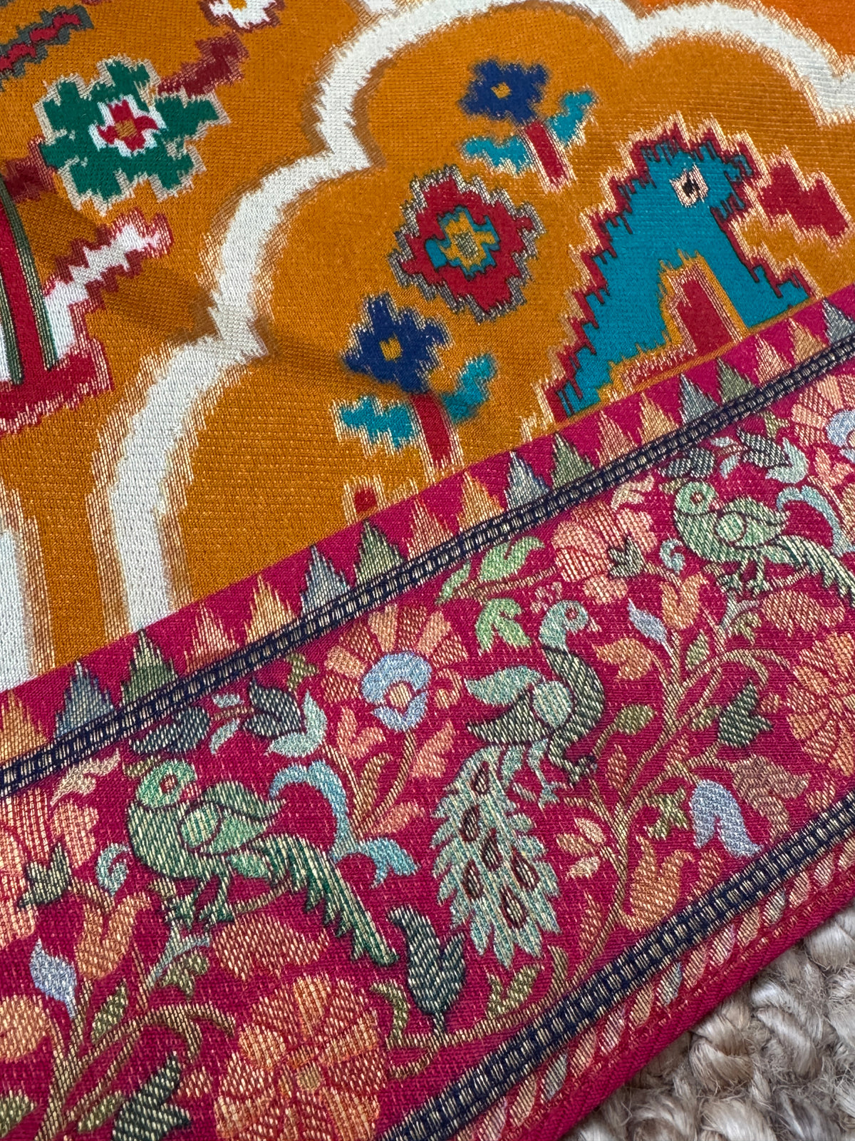 A Kashmiri Pashmina Banarasi Handwoven Sarees with Patola prints - Mustard