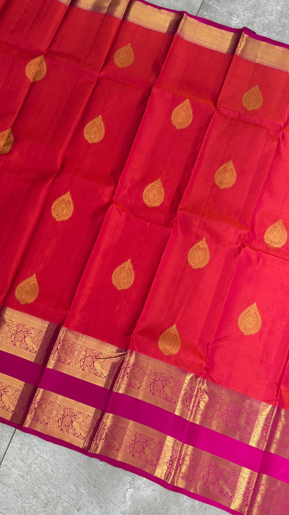 Vintage Wash Pure Kanchipuram Silk Saree – Orange with Magenta Pink | Silk Mark Certified