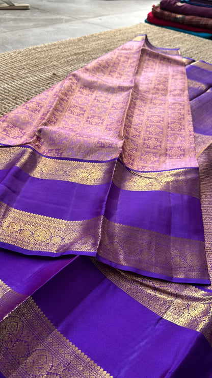Vintage Wash Pure Kanchipuram Silk Saree – Pink with Royal Purple Contrast | Silk Mark Certified