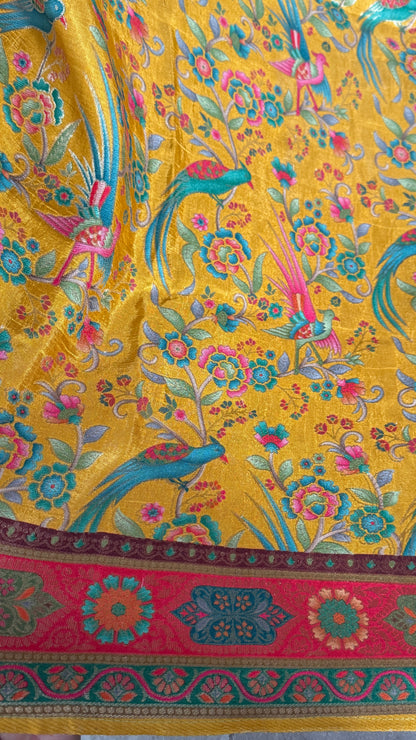 Kashmiri Pashmina Kani Silk Saree – Yellow with Red Brocade Contrast Blouse