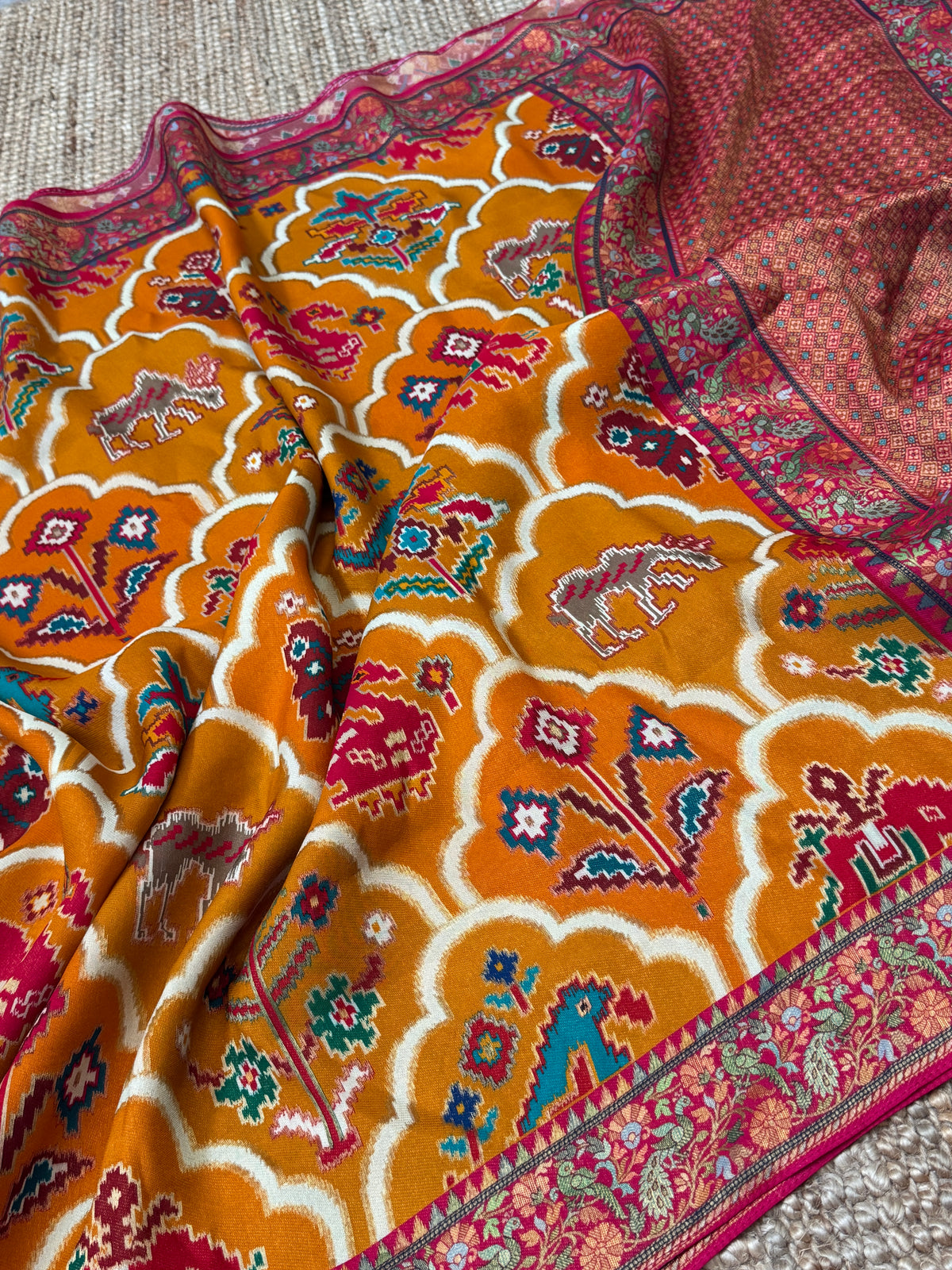 A Kashmiri Pashmina Banarasi Handwoven Sarees with Patola prints - Mustard