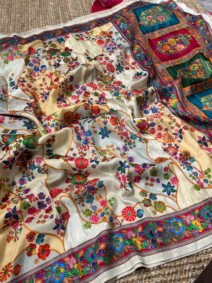 Kashmiri Pashmina Kani Silk Saree – Off White and Pink