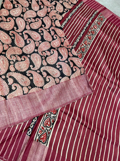 Handloom Giccha silk saree – Ajrakh block prints