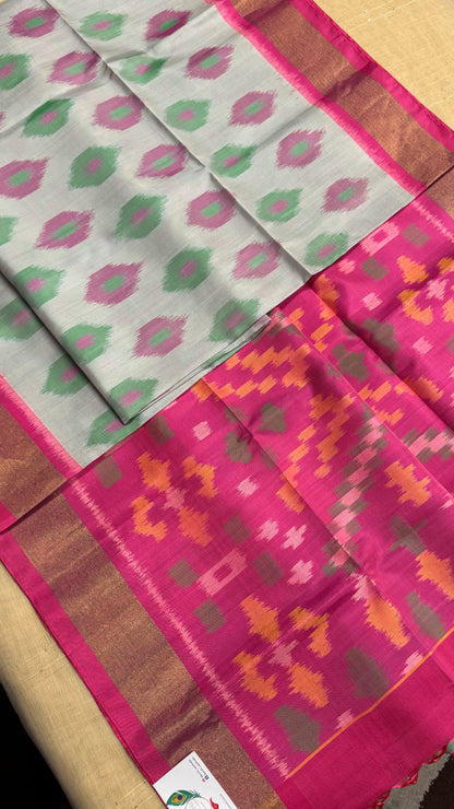 Pure Ikkat Soft Silk saree - Halfwhite & Pink|Silk Mark Certified