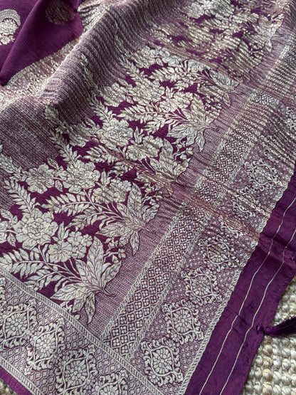 Crushed Munga Silk Banarasi Saree – Wine with Self-Turning Border