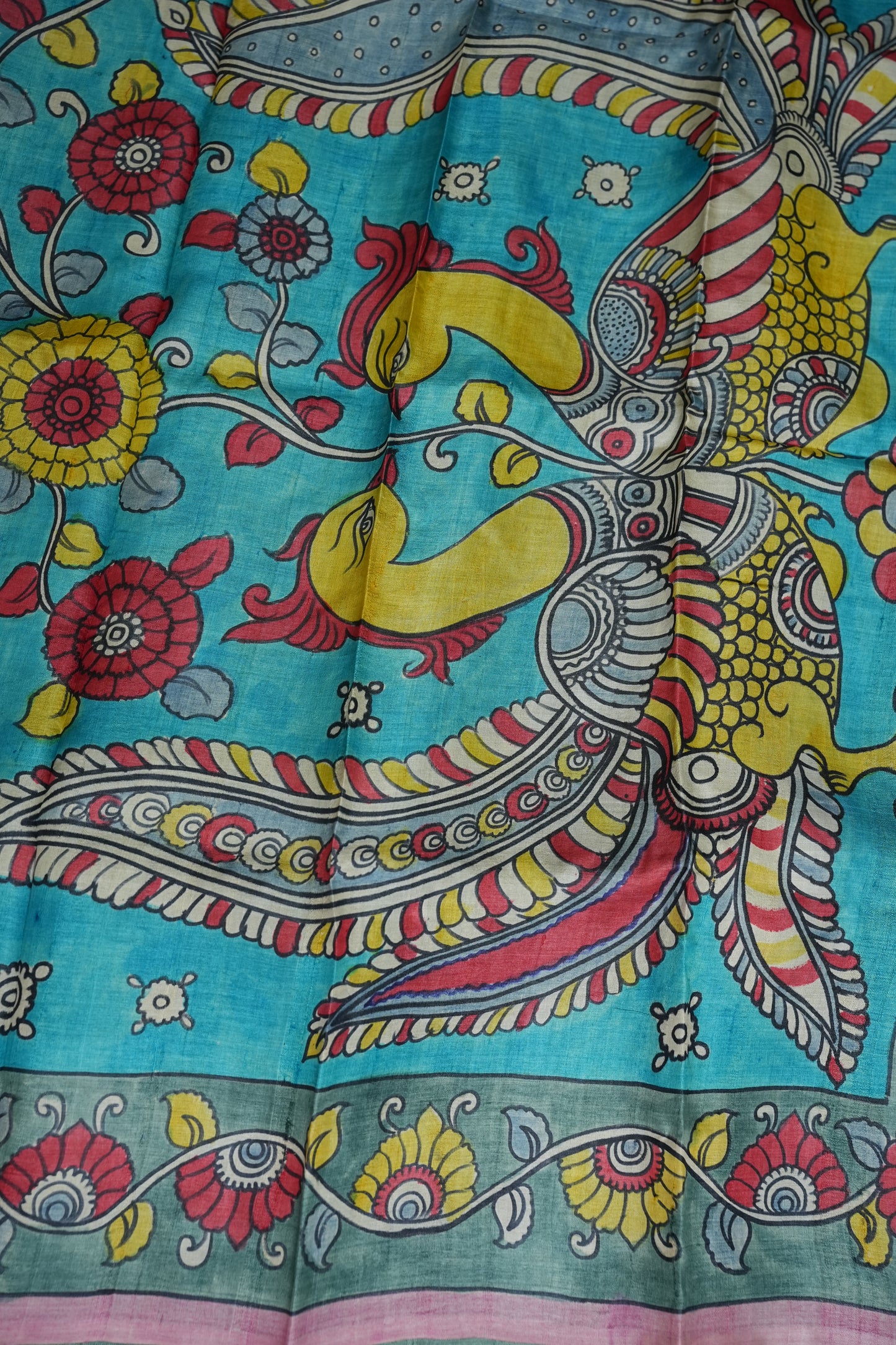 Pure Mulberry Silk Saree in Pink & Aqua Blue with Hand Painted Pen Kalamkari Art | Silk Mark Certified