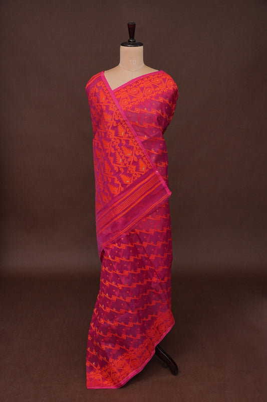 Handloom Jamdani Cotton Saree - Pink & Orange