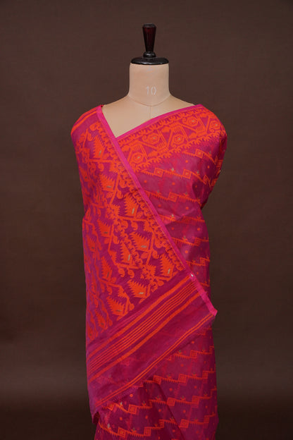 Handloom Jamdani Cotton Saree - Pink & Orange