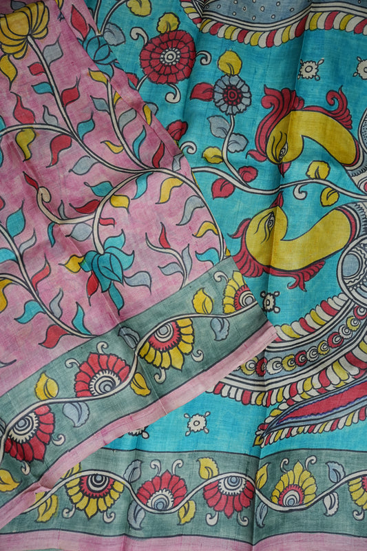 Pure Mulberry Silk Saree in Pink & Aqua Blue with Hand Painted Pen Kalamkari Art | Silk Mark Certified