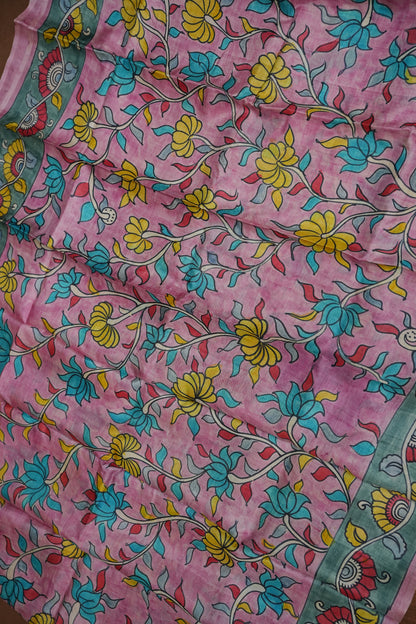 Pure Mulberry Silk Saree in Pink & Aqua Blue with Hand Painted Pen Kalamkari Art | Silk Mark Certified