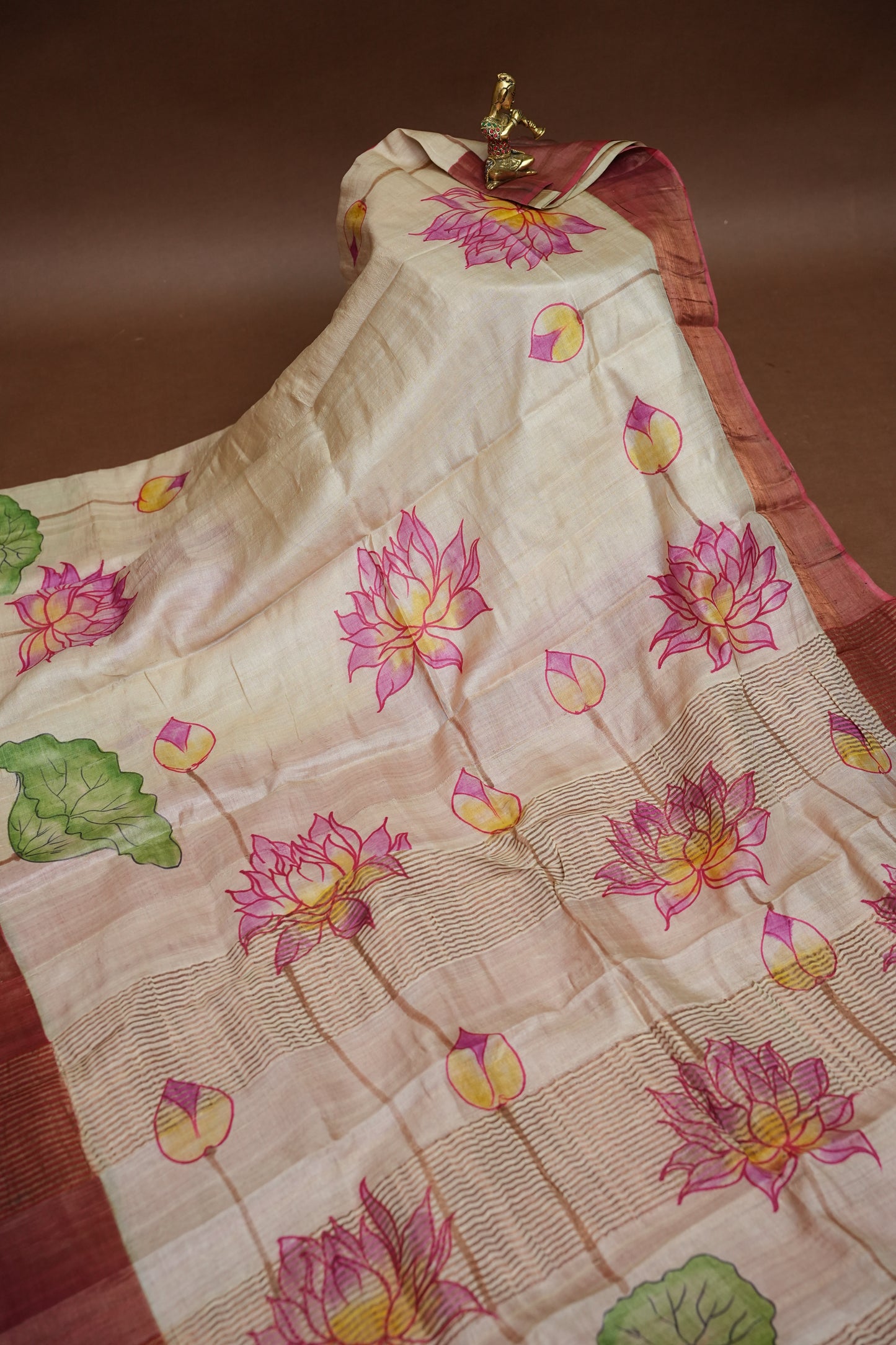 Pure Tussar Silk Saree in Beige with Hand Painted Pen Kalamkari Pichwai Lotus Art | Silk Mark Certified