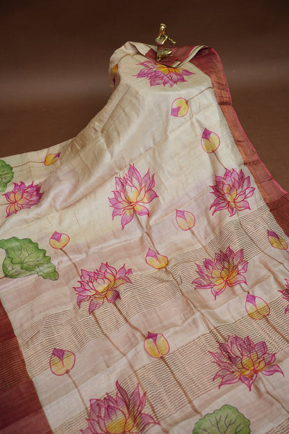 Pure Tussar Silk Saree in Beige with Hand Painted Pen Kalamkari Pichwai Lotus Art | Silk Mark Certified