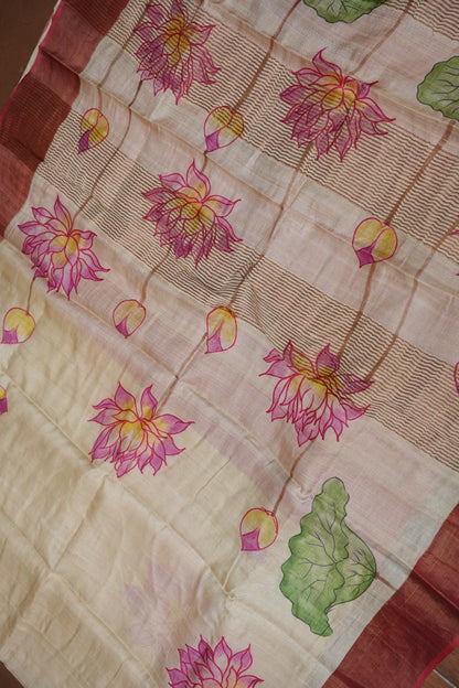 Pure Tussar Silk Saree in Beige with Hand Painted Pen Kalamkari Pichwai Lotus Art | Silk Mark Certified