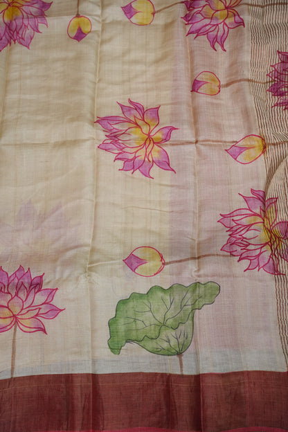 Pure Tussar Silk Saree in Beige with Hand Painted Pen Kalamkari Pichwai Lotus Art | Silk Mark Certified