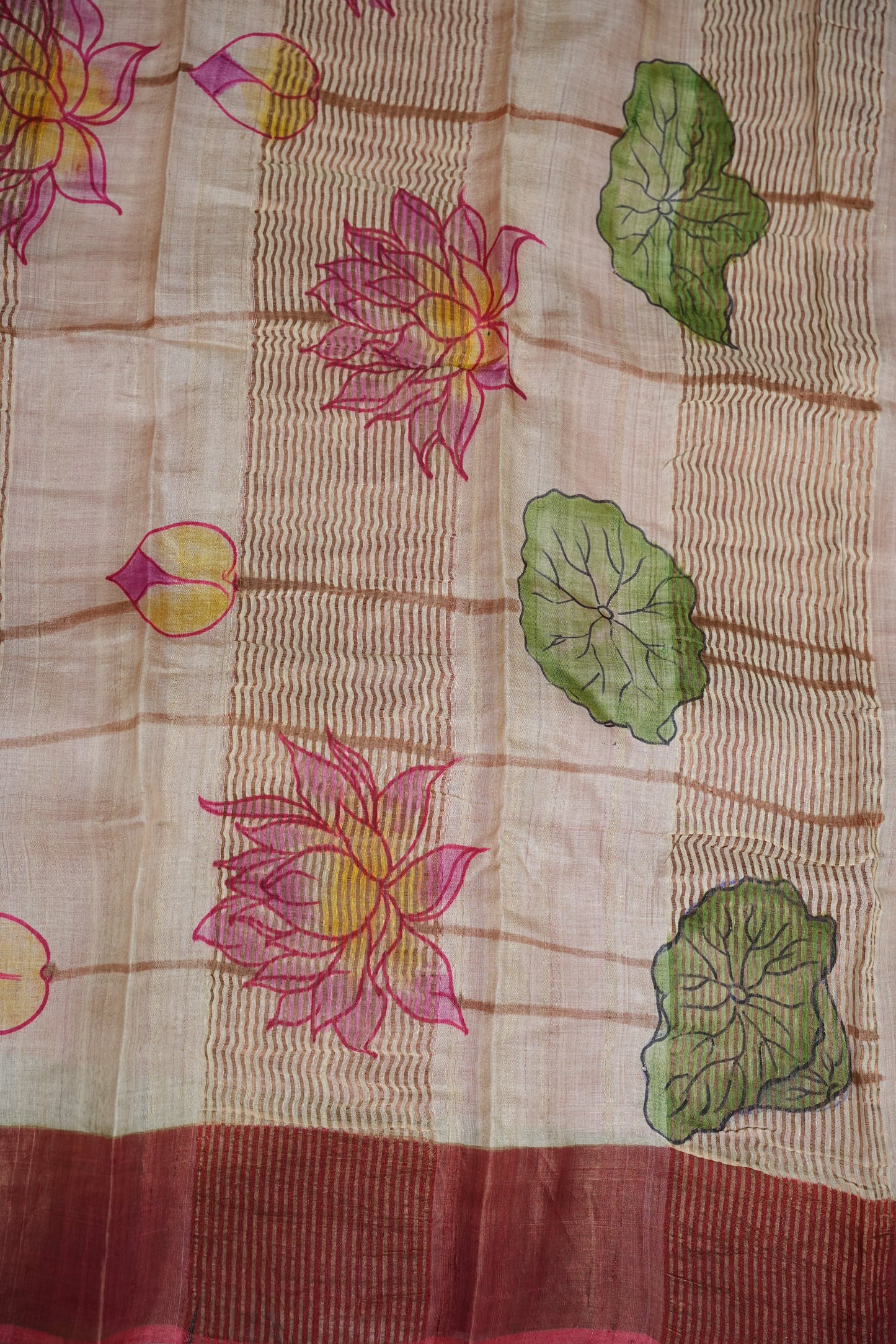 Pure Tussar Silk Saree in Beige with Hand Painted Pen Kalamkari Pichwai Lotus Art | Silk Mark Certified