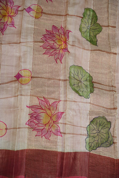 Pure Tussar Silk Saree in Beige with Hand Painted Pen Kalamkari Pichwai Lotus Art | Silk Mark Certified