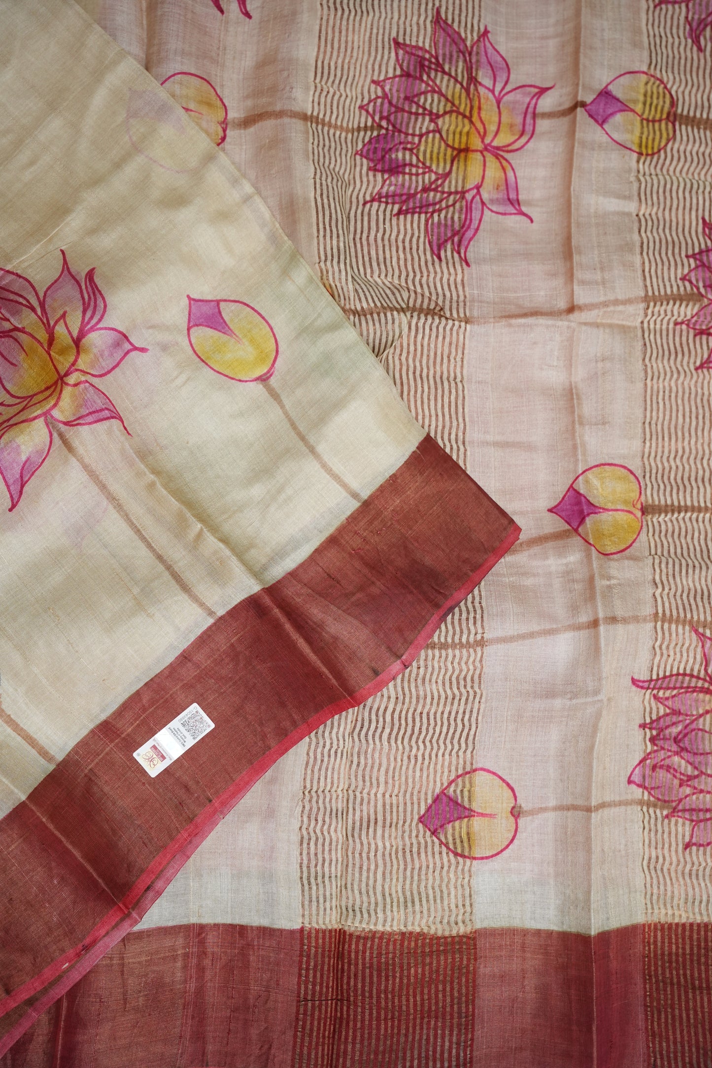 Pure Tussar Silk Saree in Beige with Hand Painted Pen Kalamkari Pichwai Lotus Art | Silk Mark Certified