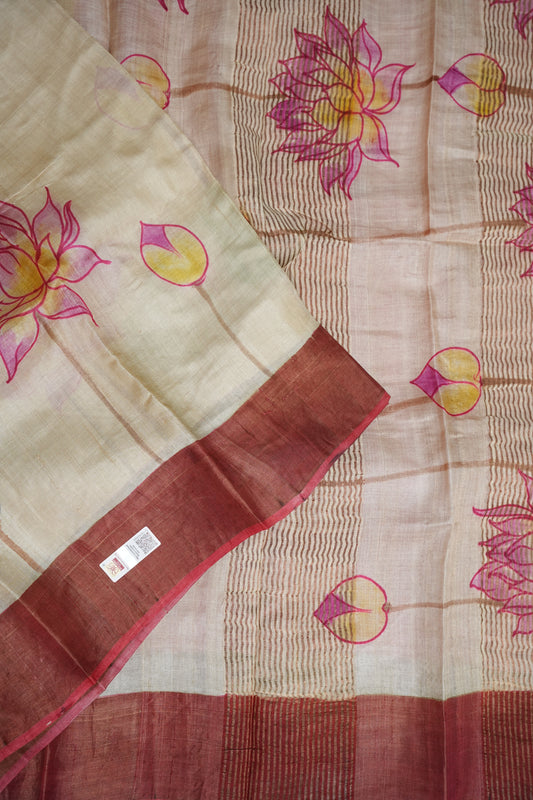 Pure Tussar Silk Saree in Beige with Hand Painted Pen Kalamkari Pichwai Lotus Art | Silk Mark Certified
