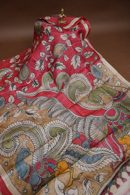 Pure Mulberry Silk Saree in Coral Red with Hand Painted Pen Kalamkari Art | Silk Mark Certified