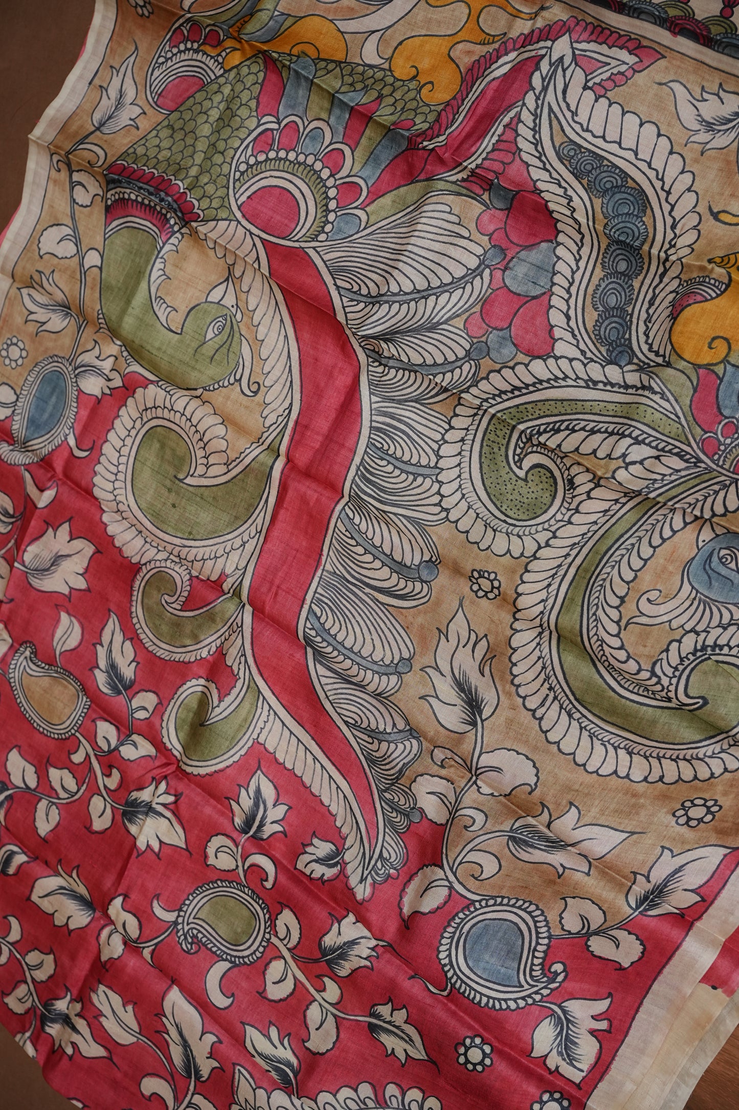 Pure Mulberry Silk Saree in Coral Red with Hand Painted Pen Kalamkari Art | Silk Mark Certified
