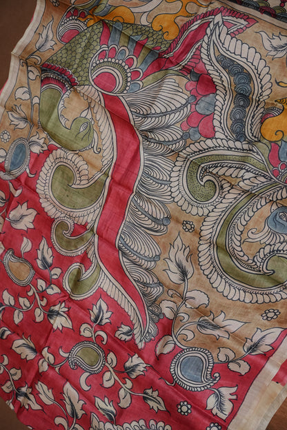 Pure Mulberry Silk Saree in Coral Red with Hand Painted Pen Kalamkari Art | Silk Mark Certified