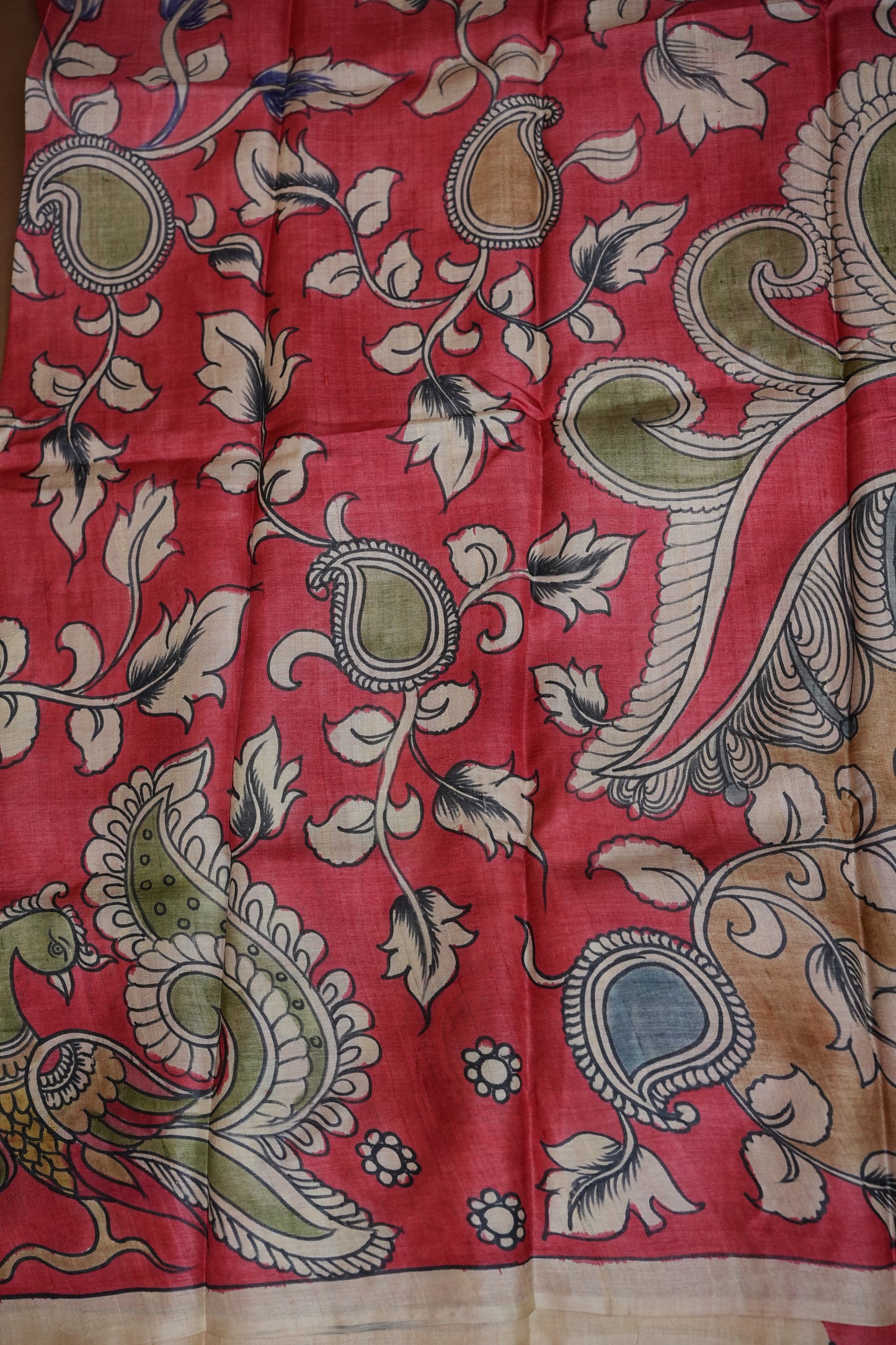 Pure Mulberry Silk Saree in Coral Red with Hand Painted Pen Kalamkari Art | Silk Mark Certified
