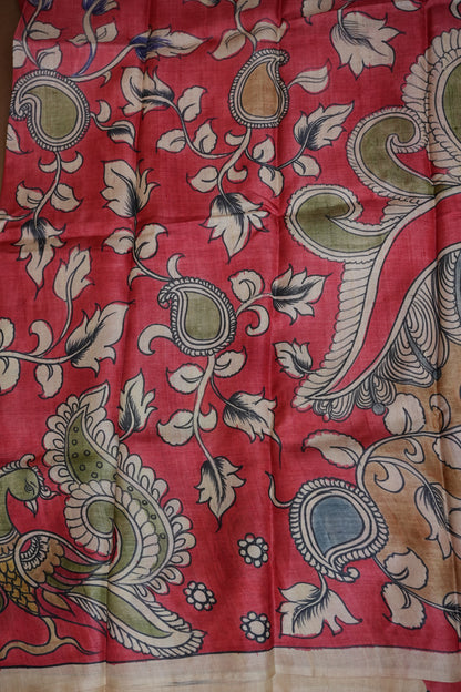 Pure Mulberry Silk Saree in Coral Red with Hand Painted Pen Kalamkari Art | Silk Mark Certified