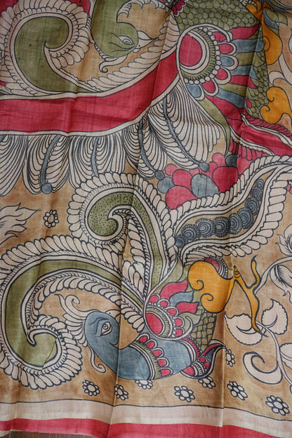 Pure Mulberry Silk Saree in Coral Red with Hand Painted Pen Kalamkari Art | Silk Mark Certified