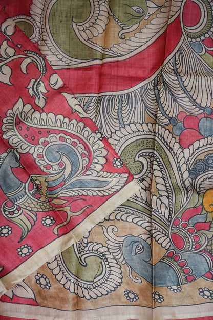 Pure Mulberry Silk Saree in Coral Red with Hand Painted Pen Kalamkari Art | Silk Mark Certified