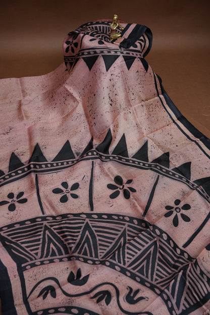 Pure Mulberry Silk Saree in Peach Pink with Handmade Tribal Block Print | Silk Mark Certified