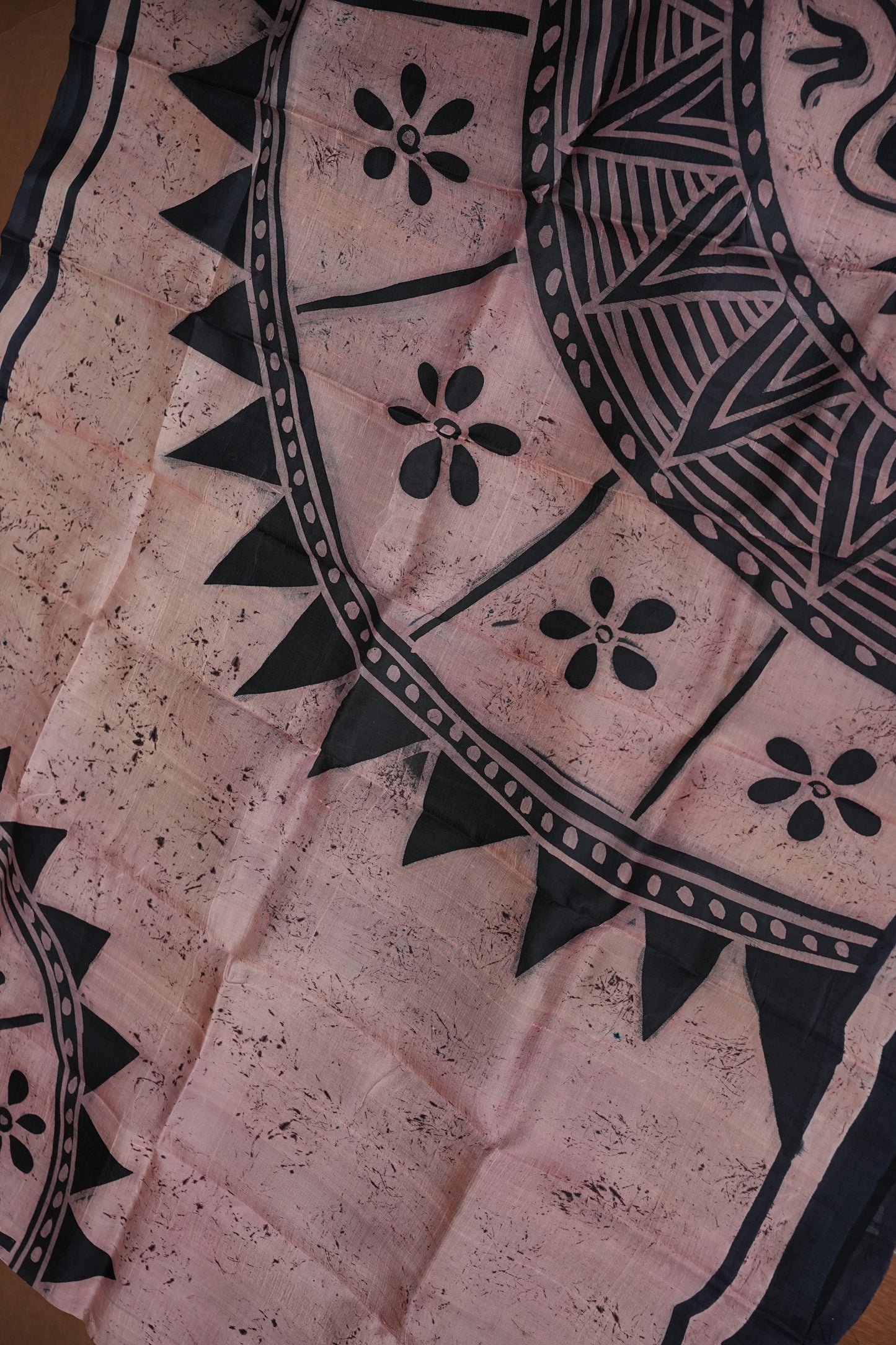 Pure Mulberry Silk Saree in Peach Pink with Handmade Tribal Block Print | Silk Mark Certified