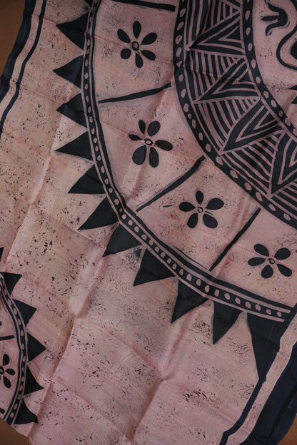 Pure Mulberry Silk Saree in Peach Pink with Handmade Tribal Block Print | Silk Mark Certified