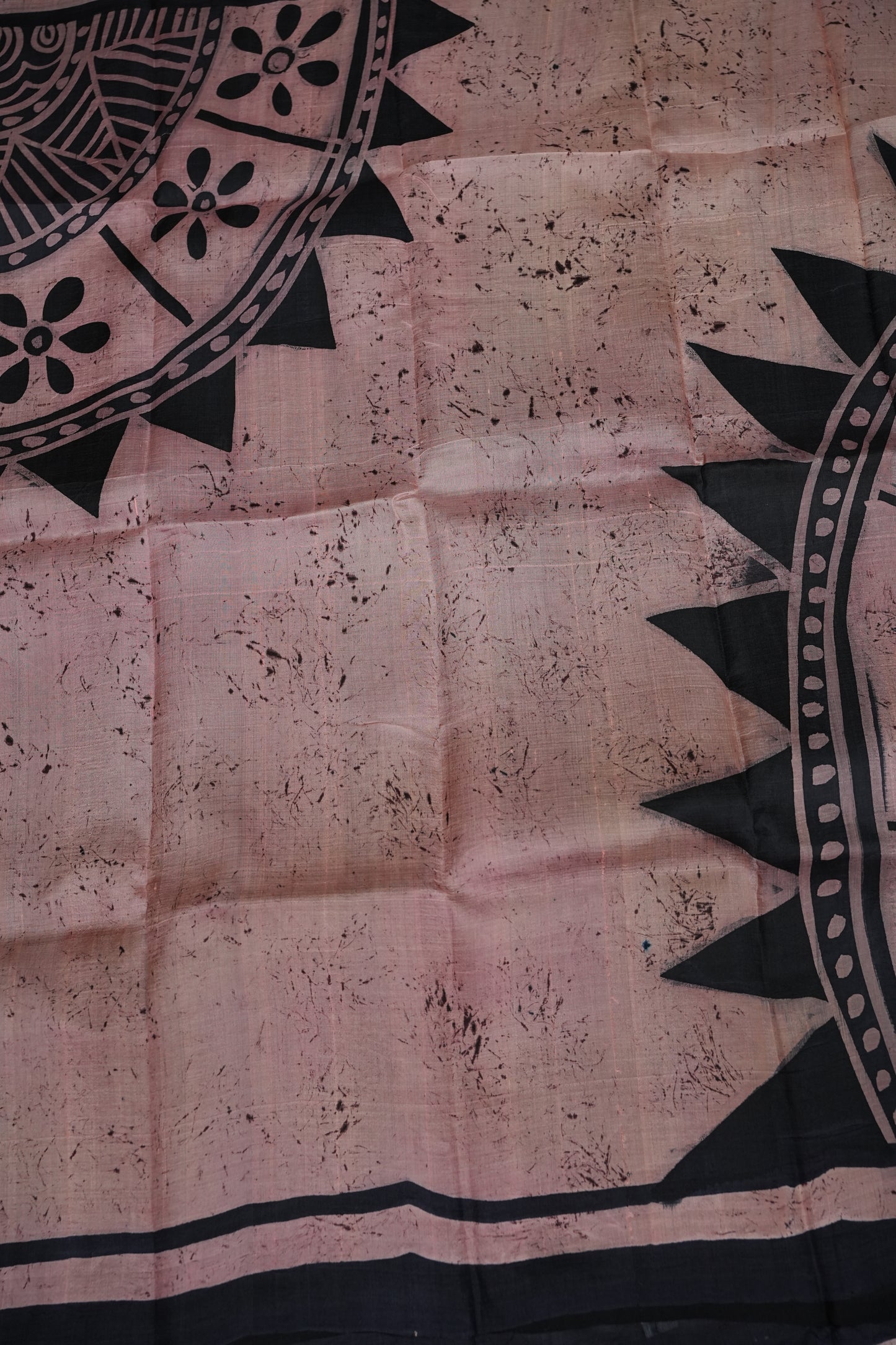 Pure Mulberry Silk Saree in Peach Pink with Handmade Tribal Block Print | Silk Mark Certified