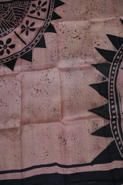 Pure Mulberry Silk Saree in Peach Pink with Handmade Tribal Block Print | Silk Mark Certified