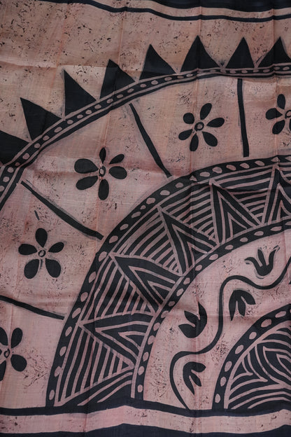 Pure Mulberry Silk Saree in Peach Pink with Handmade Tribal Block Print | Silk Mark Certified