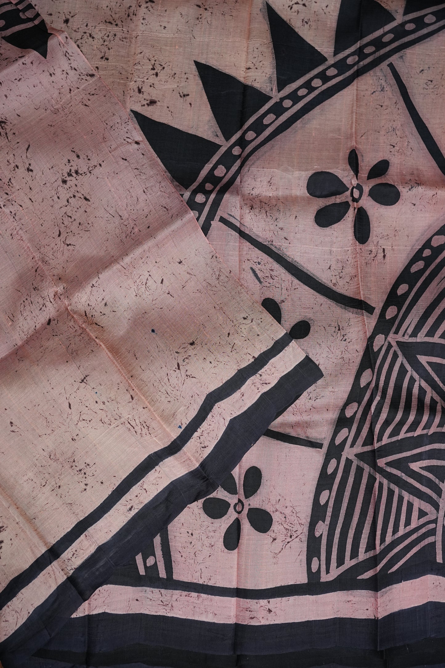 Pure Mulberry Silk Saree in Peach Pink with Handmade Tribal Block Print | Silk Mark Certified