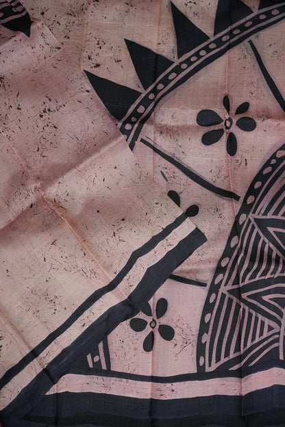 Pure Mulberry Silk Saree in Peach Pink with Handmade Tribal Block Print | Silk Mark Certified