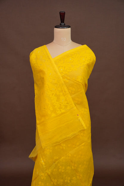 Handloom Jamdani Cotton Saree - Turmeric Yellow